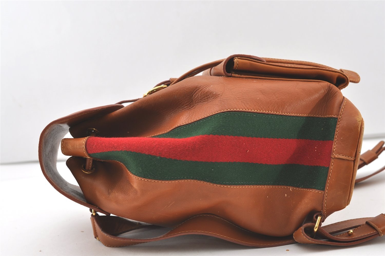 Authentic GUCCI Vintage Web Sherry Line Backpack Leather Brown Junk 7994J