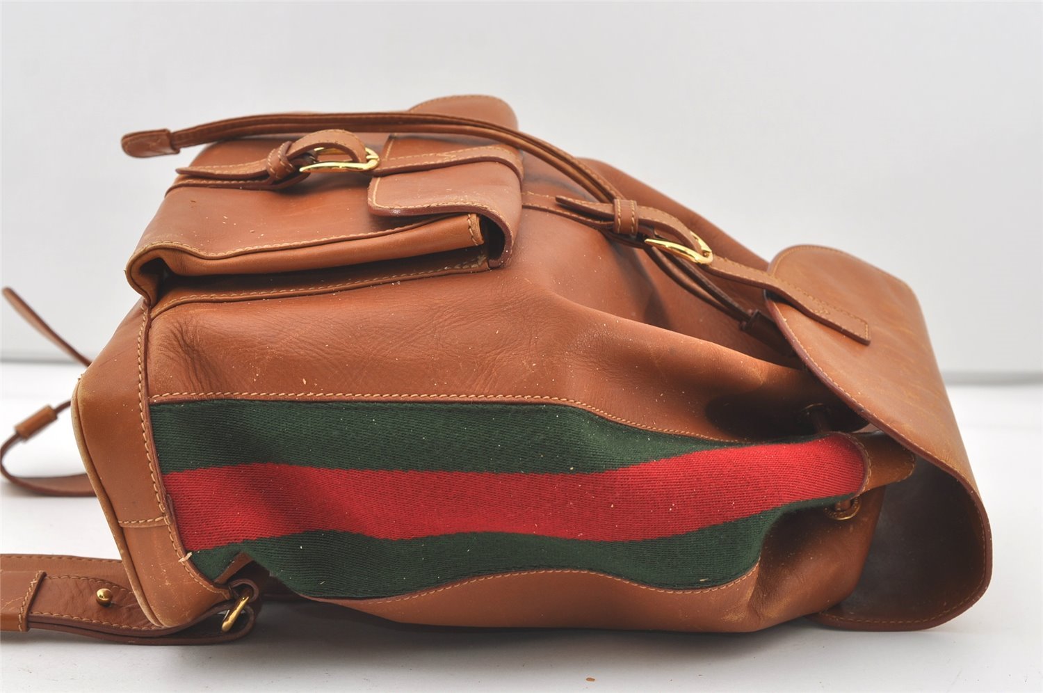 Authentic GUCCI Vintage Web Sherry Line Backpack Leather Brown Junk 7994J