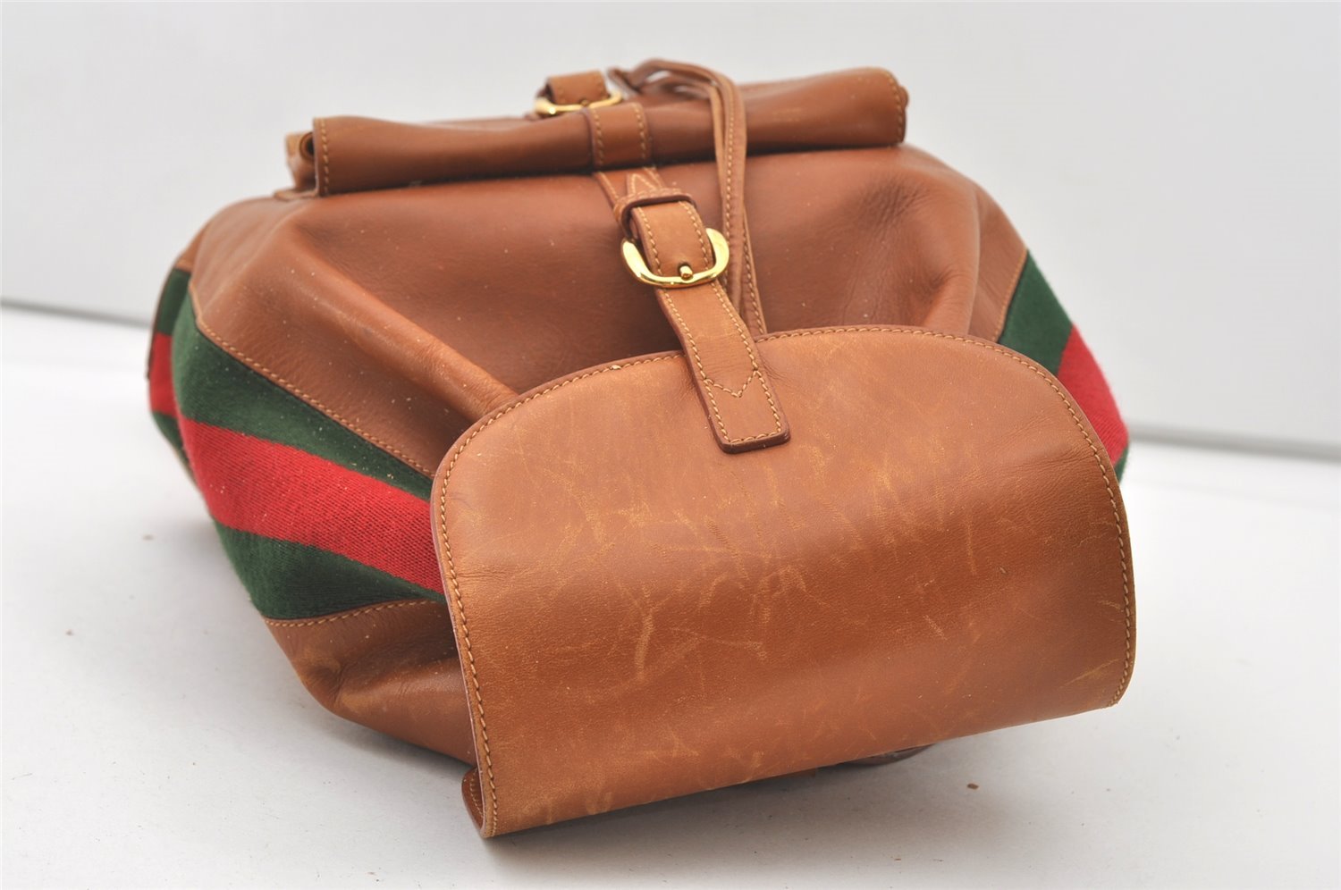 Authentic GUCCI Vintage Web Sherry Line Backpack Leather Brown Junk 7994J