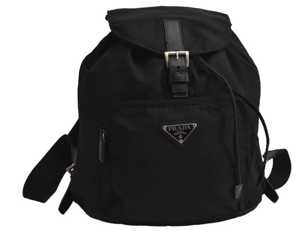 Authentic PRADA Vintage Nylon Tessuto Leather Drawstring Backpack Black 7995J