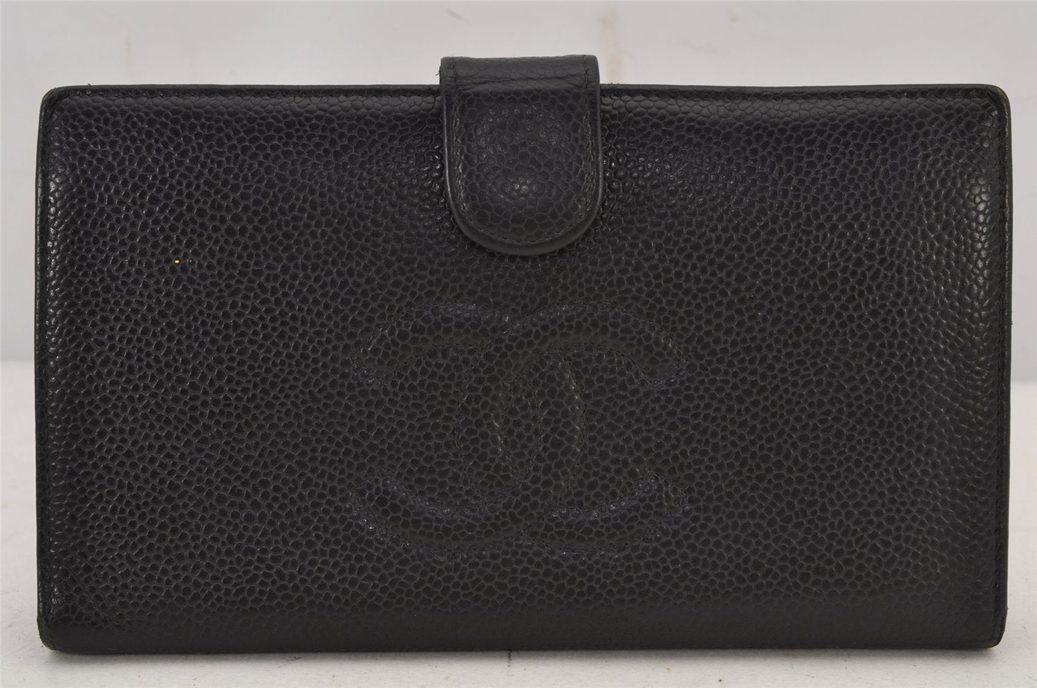 Authentic CHANEL Caviar Skin CC Logo Bifold Long Wallet Purse Black Junk 8003J