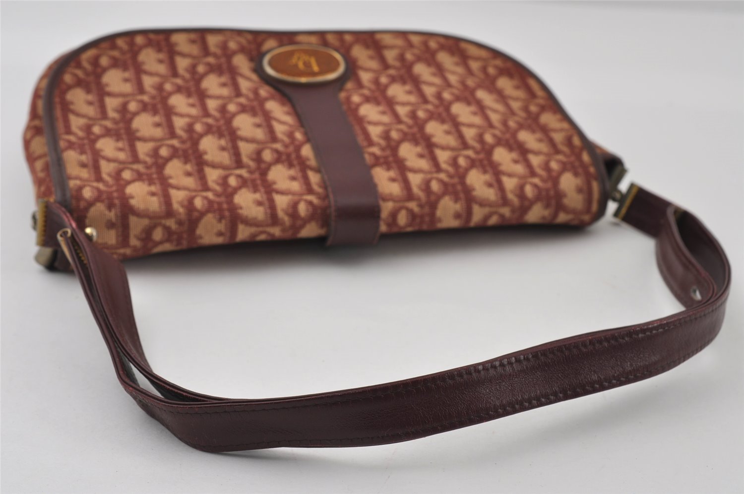 Authentic Christian Dior Trotter Shoulder Bag Canvas Leather Bordeaux Red 8006I