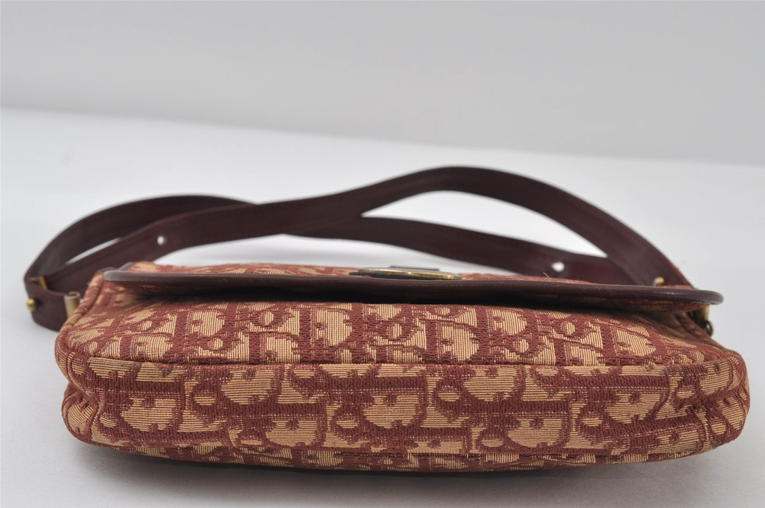 Authentic Christian Dior Trotter Shoulder Bag Canvas Leather Bordeaux Red 8006I