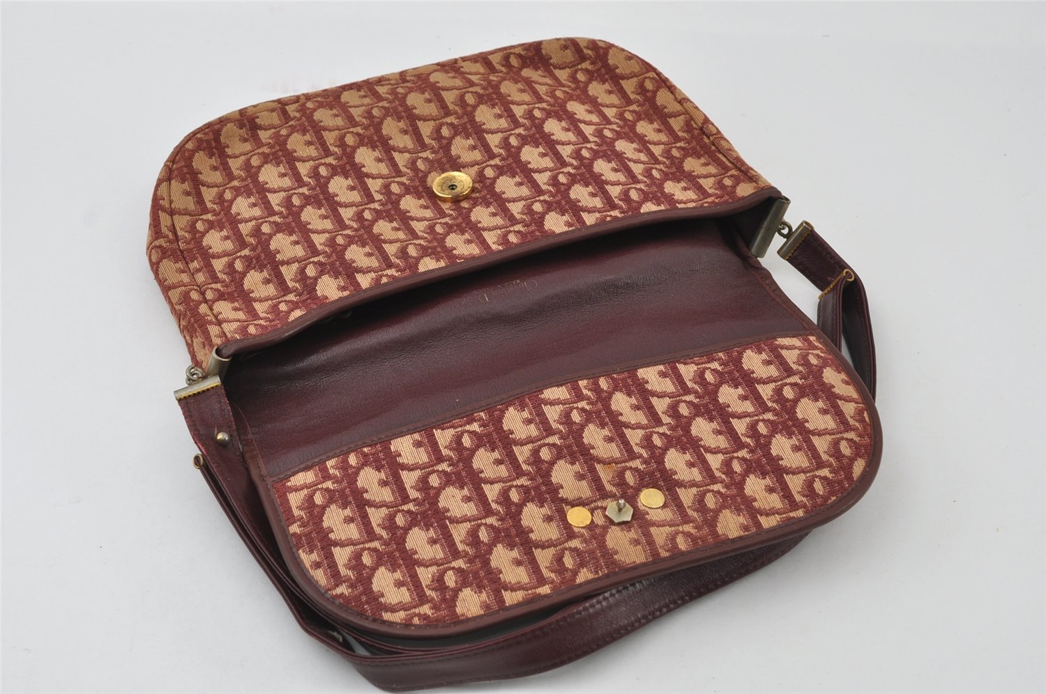 Authentic Christian Dior Trotter Shoulder Bag Canvas Leather Bordeaux Red 8006I