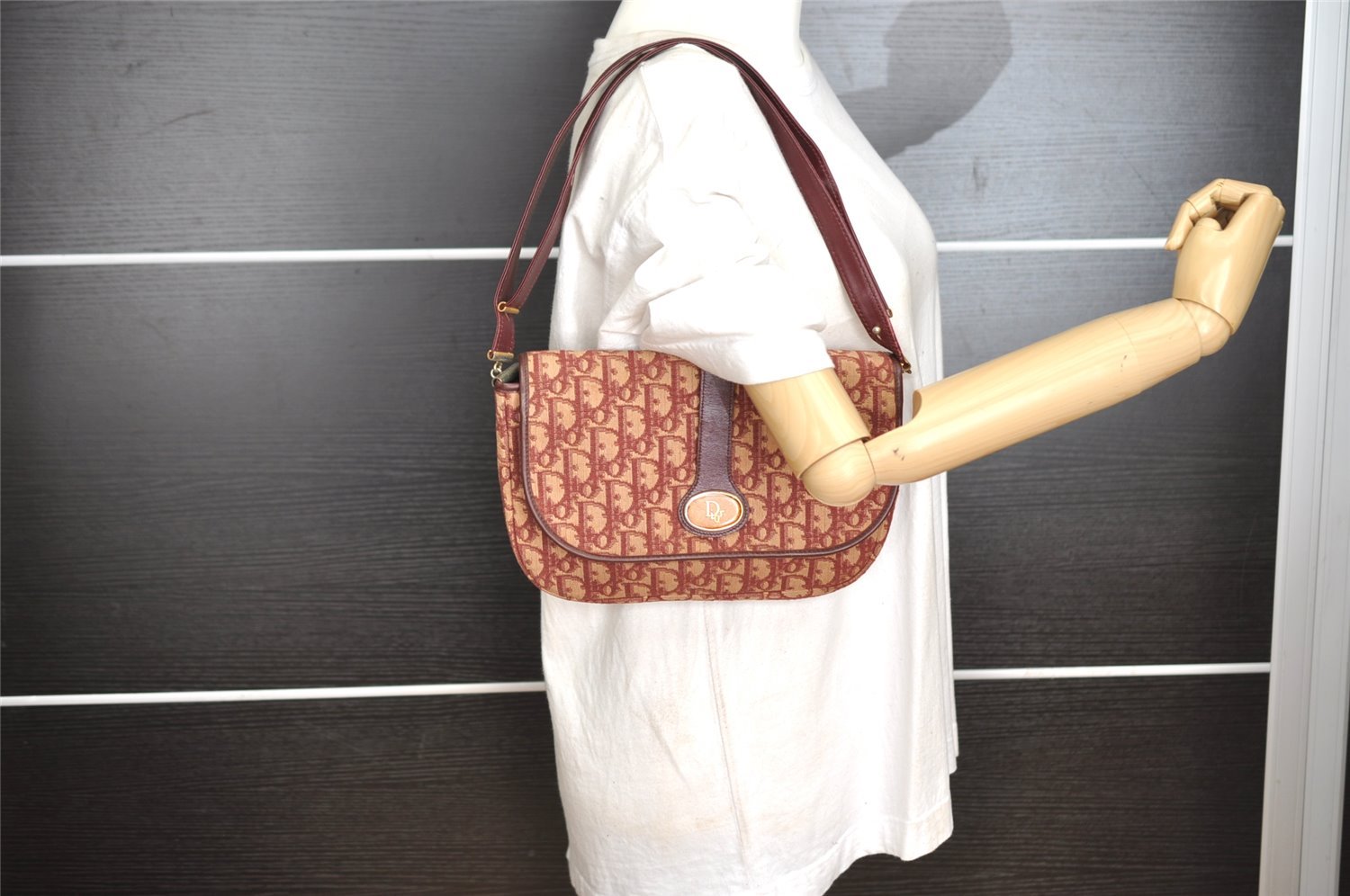 Authentic Christian Dior Trotter Shoulder Bag Canvas Leather Bordeaux Red 8006I