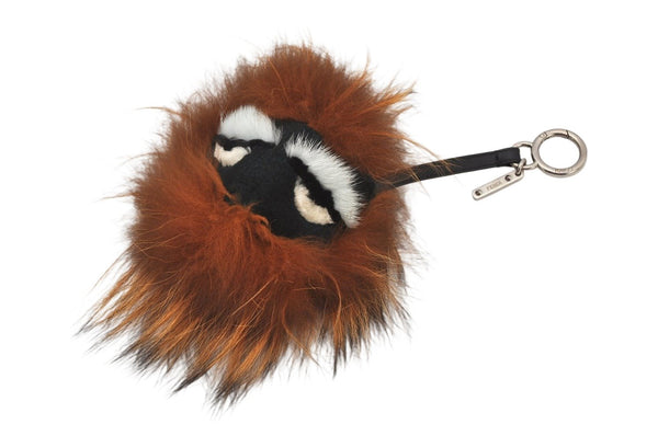 Authentic FENDI Monster Eye Pompom Bag Charm Fur Leather Brown 8012K