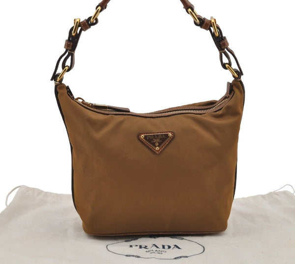 Authentic PRADA Nylon Tessuto Leather Shoulder Hand Bag Purse Brown 8014J