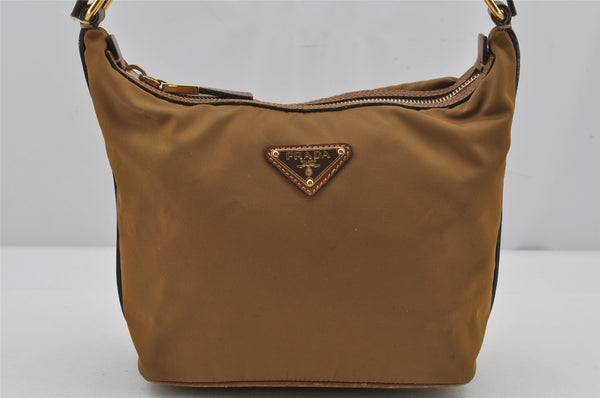 Authentic PRADA Nylon Tessuto Leather Shoulder Hand Bag Purse Brown 8014J