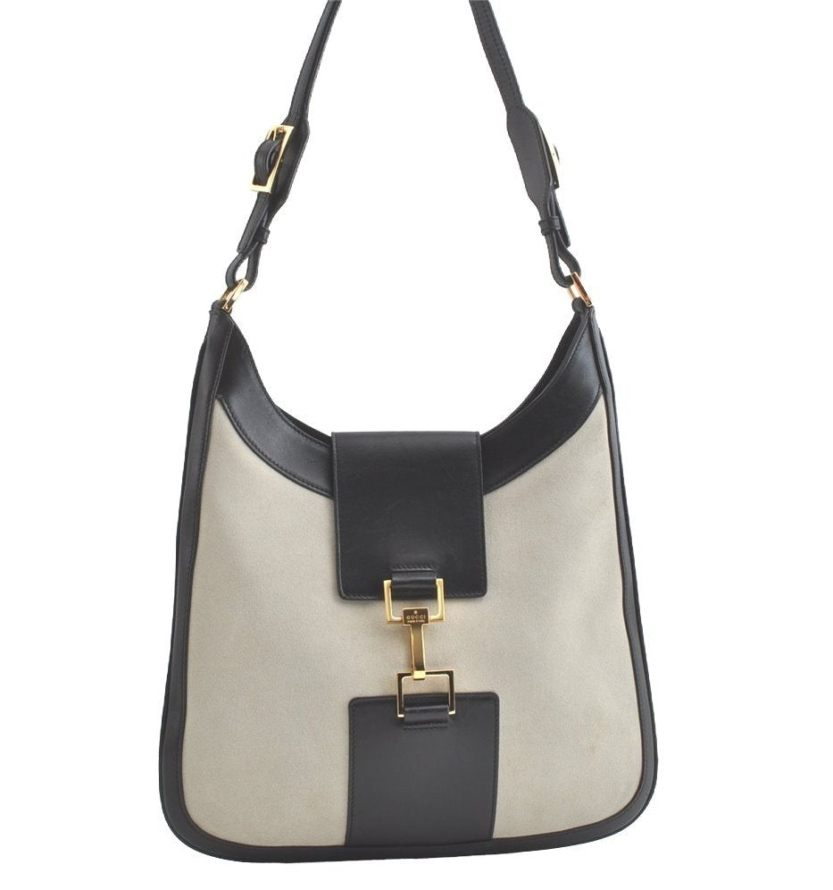 Authentic GUCCI Vintage Shoulder Bag Suede Leather 0014129 Light Gray 8016J