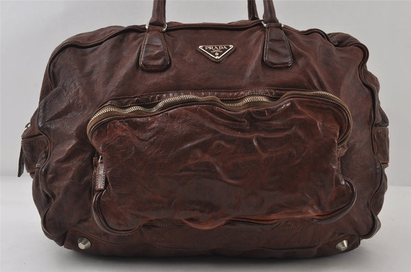 Authentic PRADA Vintage Leather Nappa Hand Boston Bag Brown 8019I