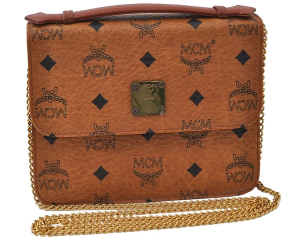 Authentic MCM Visetos Leather Chain 2Way Shoulder Cross Hand Bag Brown 8023I