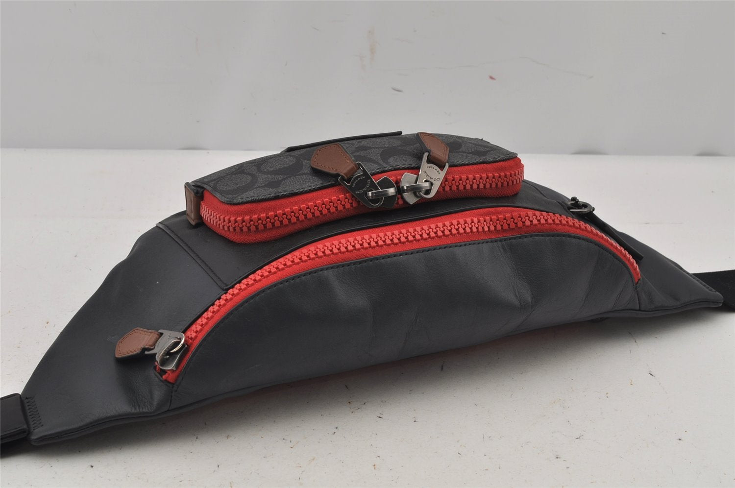Authentic COACH Signature Waist Body Bag Purse PVC Leather C4140 Black 8028J