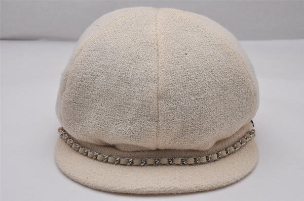 Authentic CHANEL Vintage Beret Hat Wool Size L 20.9" White CC Logo 8038I