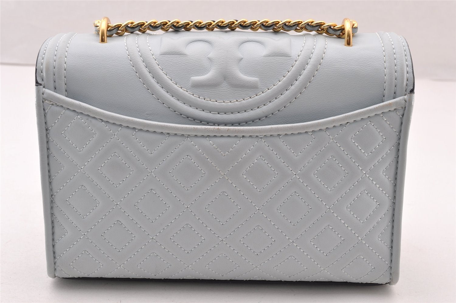 Authentic TORY BURCH Fleming Chain Shoulder Cross Bag Leather Light Blue 8039I