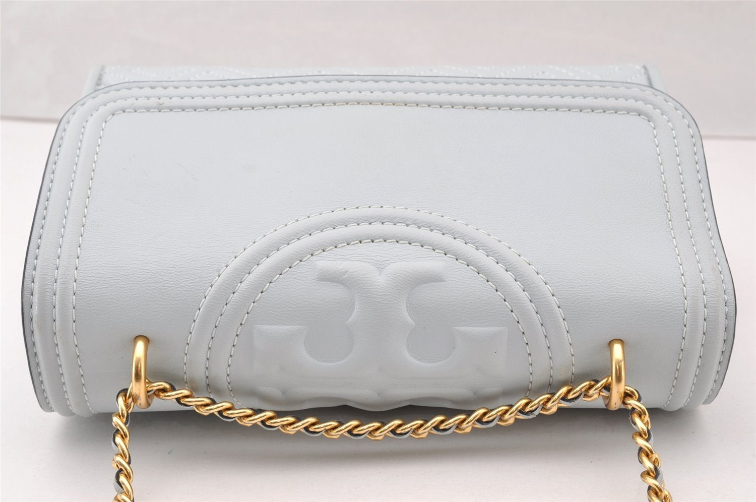 Authentic TORY BURCH Fleming Chain Shoulder Cross Bag Leather Light Blue 8039I