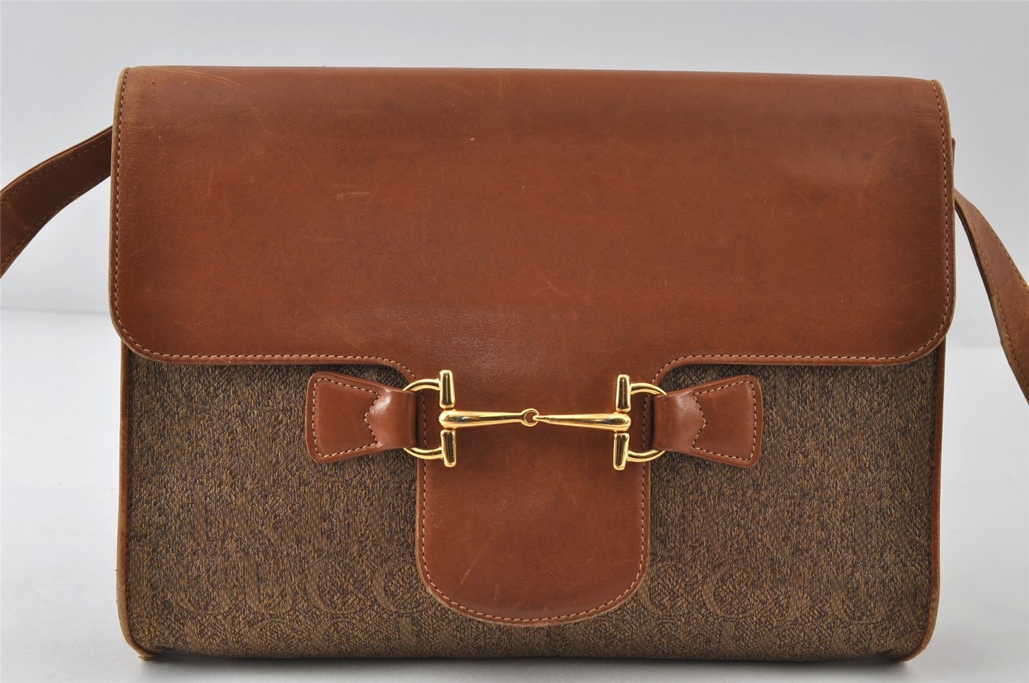 Authentic GUCCI Horsebit 2Way Clutch Shoulder Bag Canvas Leather Beige 8040I