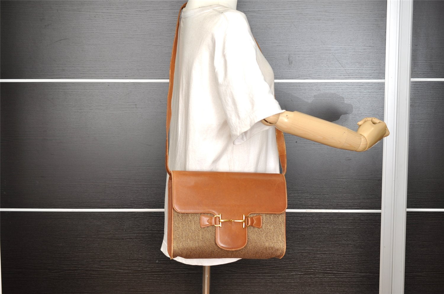 Authentic GUCCI Horsebit 2Way Clutch Shoulder Bag Canvas Leather Beige 8040I