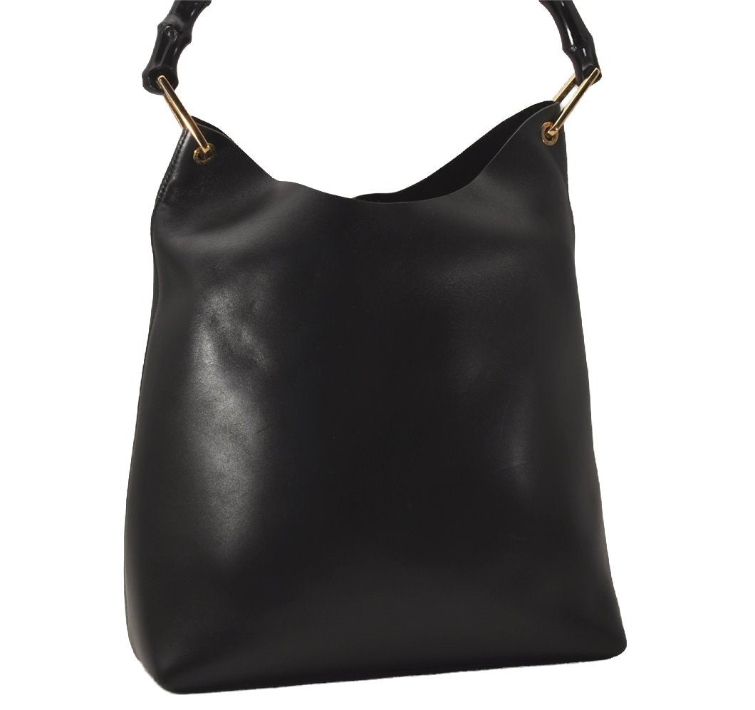 Authentic GUCCI Vintage Bamboo Shoulder Hand Bag Purse Leather Black 8040J