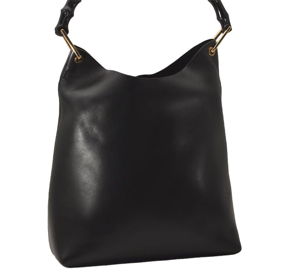 Authentic GUCCI Vintage Bamboo Shoulder Hand Bag Purse Leather Black 8040J