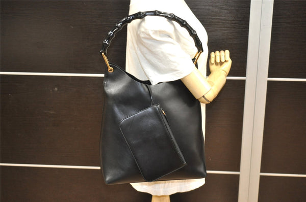 Authentic GUCCI Vintage Bamboo Shoulder Hand Bag Purse Leather Black 8040J