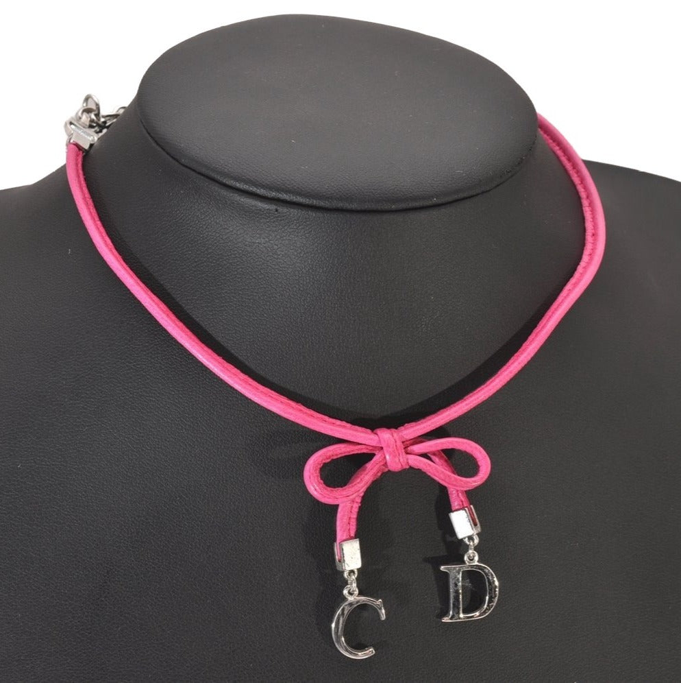 Authentic Christian Dior Choker Necklace Leather Pink Silver CD 8043I