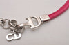 Authentic Christian Dior Choker Necklace Leather Pink Silver CD 8043I