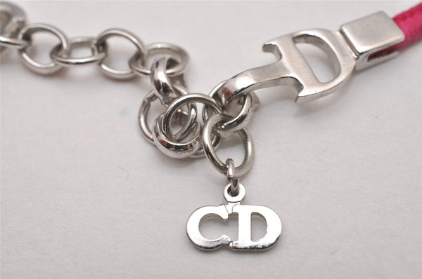 Authentic Christian Dior Choker Necklace Leather Pink Silver CD 8043I
