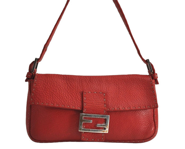 Authentic FENDI Selleria Mamma Baguette Shoulder Hand Bag Leather Red 8046J