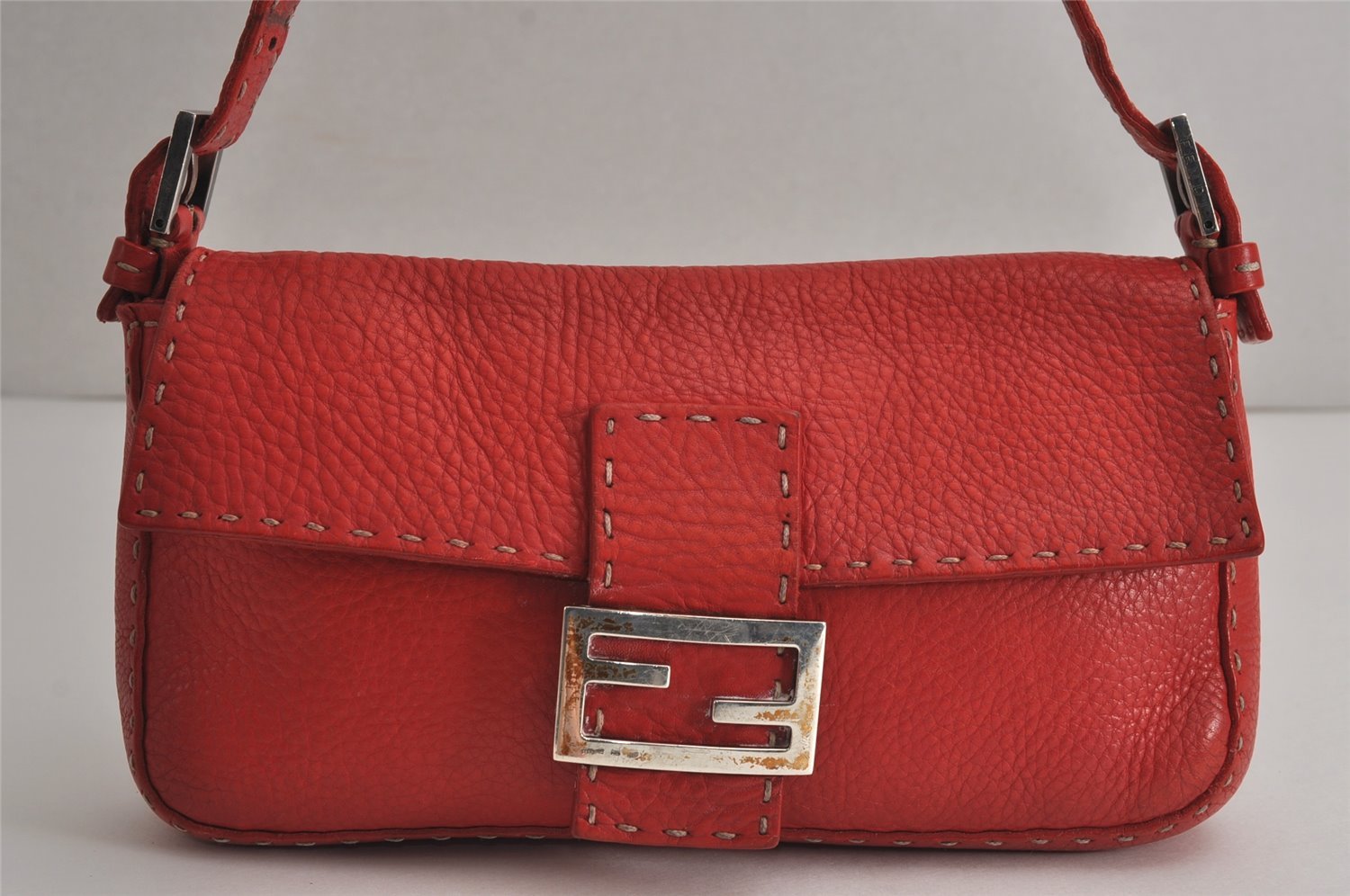 Authentic FENDI Selleria Mamma Baguette Shoulder Hand Bag Leather Red 8046J