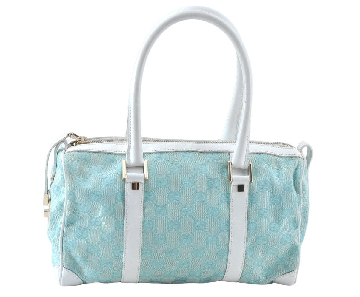 Authentic GUCCI Hand Boston Bag GG Canvas Leather 0000851 Light Blue 8059J