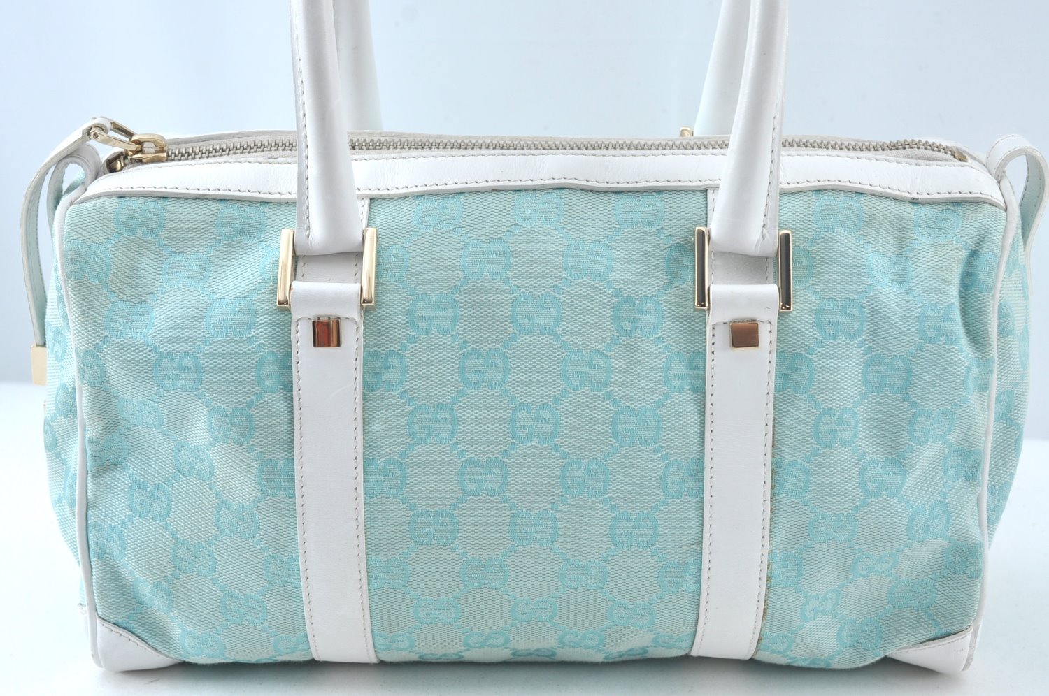 Authentic GUCCI Hand Boston Bag GG Canvas Leather 0000851 Light Blue 8059J