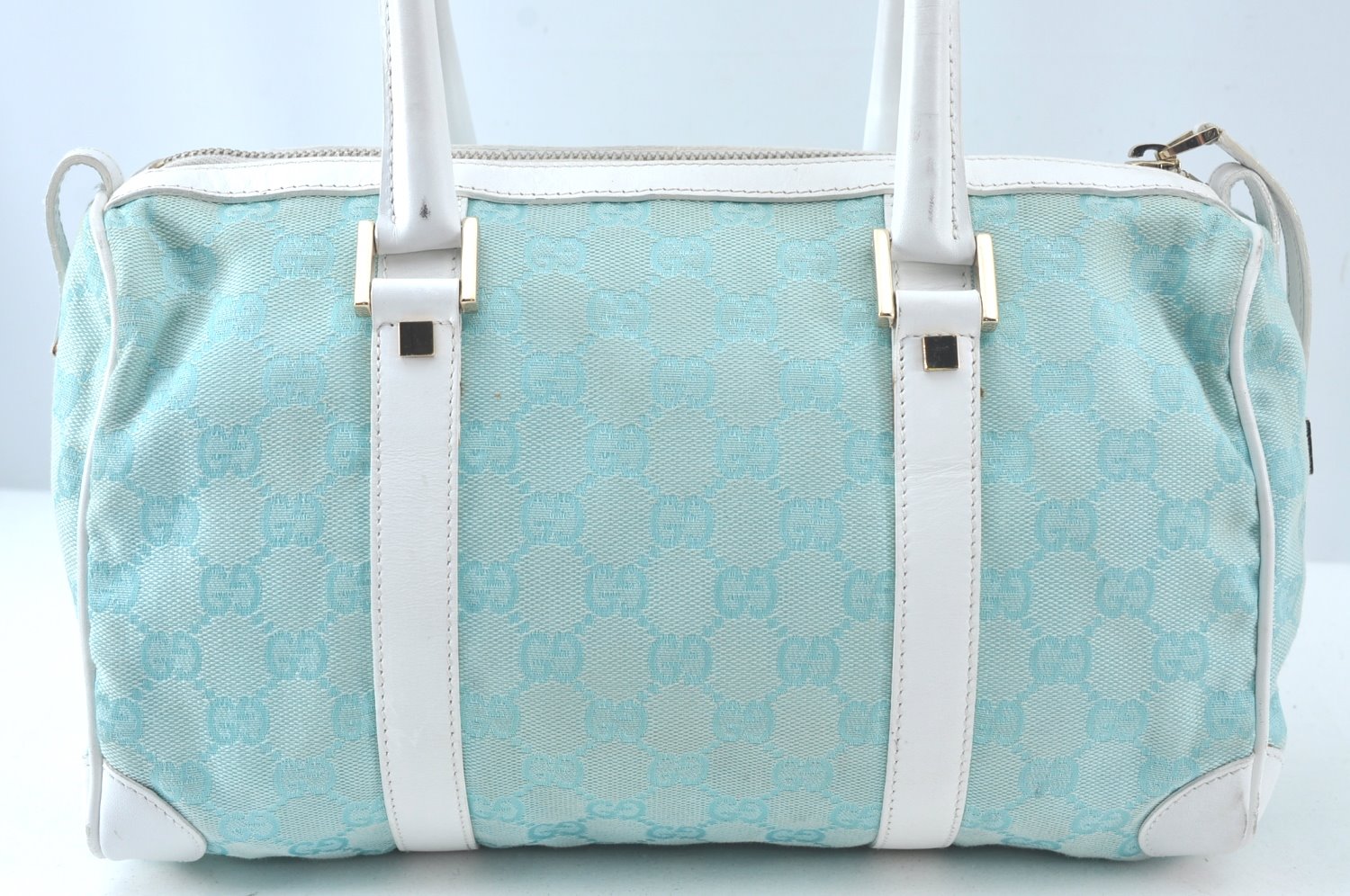 Authentic GUCCI Hand Boston Bag GG Canvas Leather 0000851 Light Blue 8059J