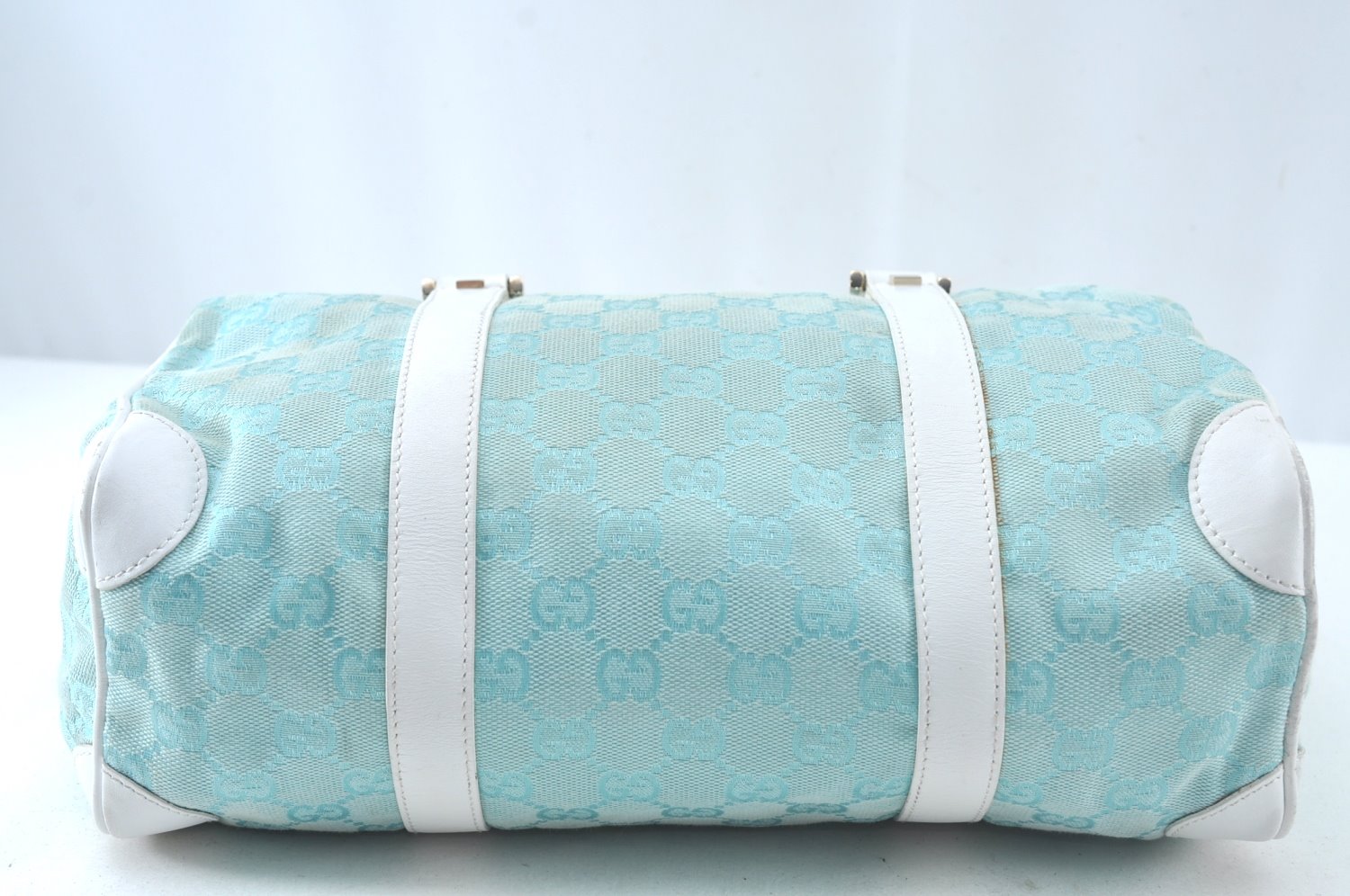 Authentic GUCCI Hand Boston Bag GG Canvas Leather 0000851 Light Blue 8059J