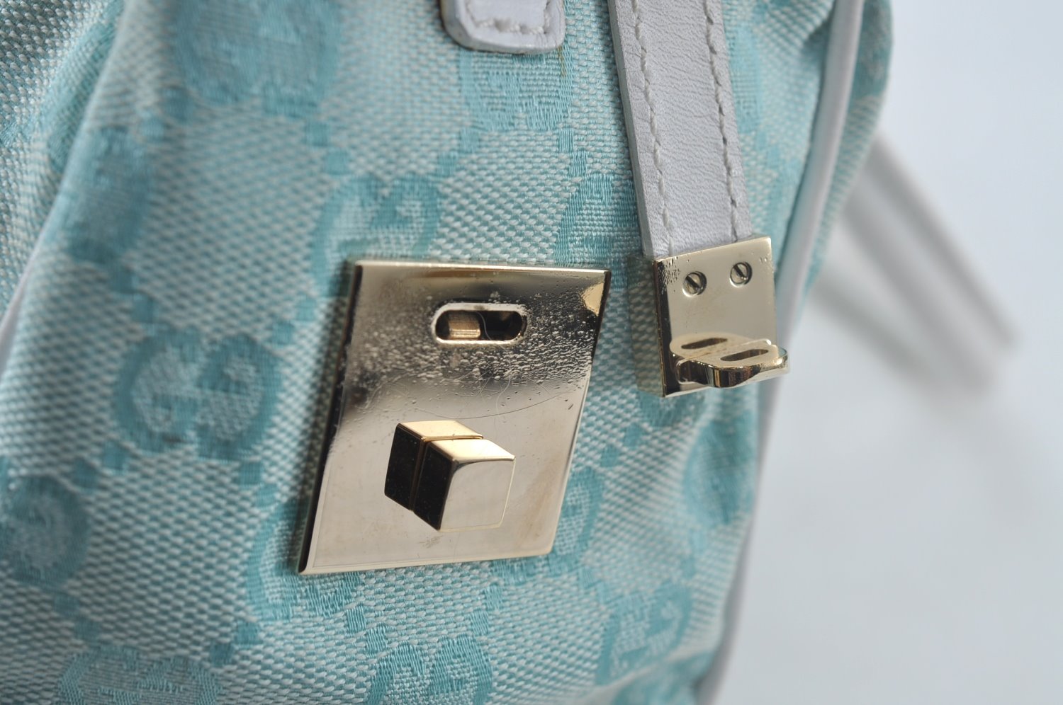 Authentic GUCCI Hand Boston Bag GG Canvas Leather 0000851 Light Blue 8059J