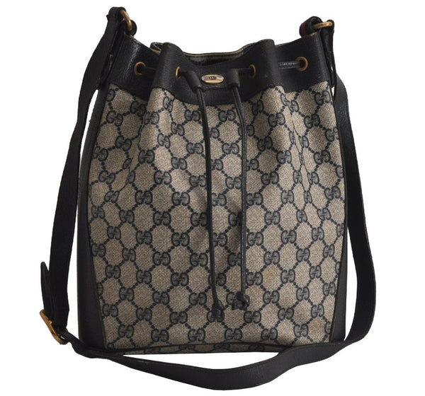 Authentic GUCCI Sherry Line Shoulder Drawstring Bag GG PVC Leather Navy 8066J