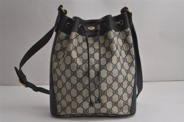 Authentic GUCCI Sherry Line Shoulder Drawstring Bag GG PVC Leather Navy 8066J