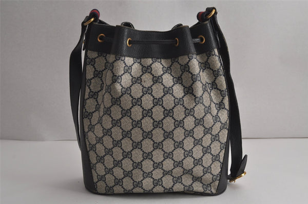 Authentic GUCCI Sherry Line Shoulder Drawstring Bag GG PVC Leather Navy 8066J