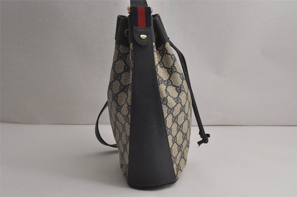 Authentic GUCCI Sherry Line Shoulder Drawstring Bag GG PVC Leather Navy 8066J