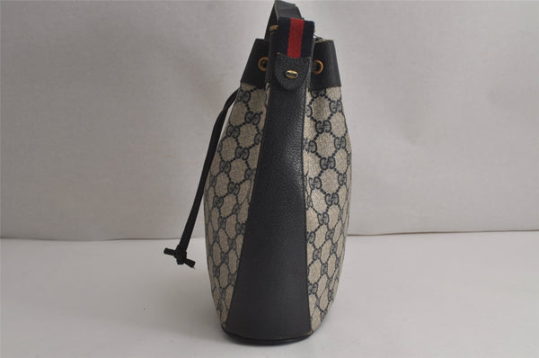 Authentic GUCCI Sherry Line Shoulder Drawstring Bag GG PVC Leather Navy 8066J