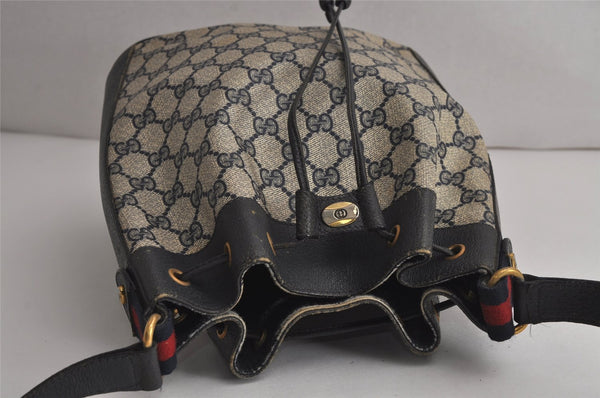 Authentic GUCCI Sherry Line Shoulder Drawstring Bag GG PVC Leather Navy 8066J