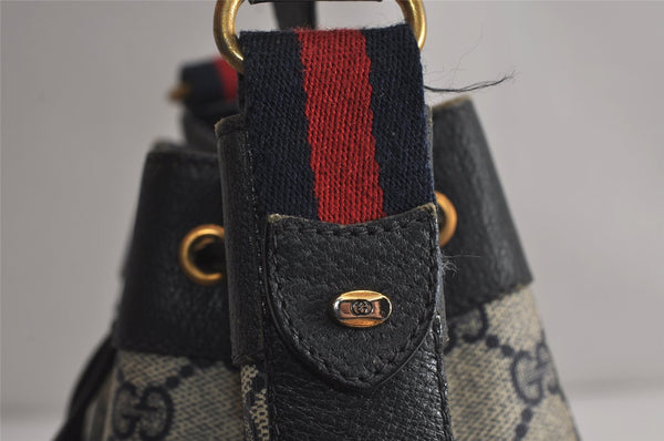 Authentic GUCCI Sherry Line Shoulder Drawstring Bag GG PVC Leather Navy 8066J