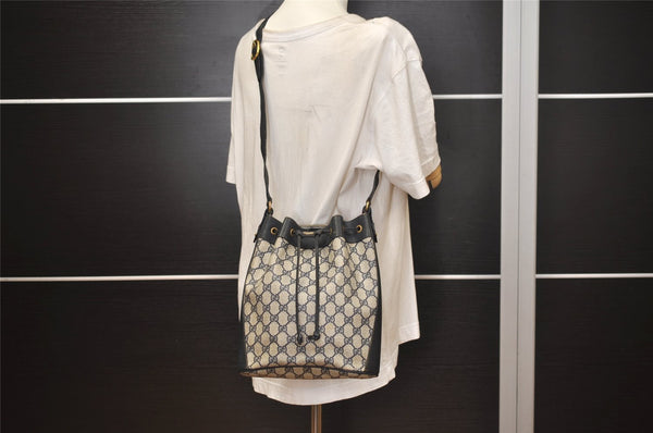 Authentic GUCCI Sherry Line Shoulder Drawstring Bag GG PVC Leather Navy 8066J