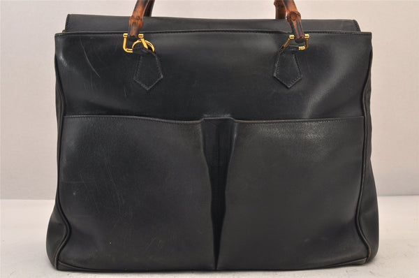 Authentic GUCCI Vintage Bamboo Shoulder Hand Bag Leather Navy Blue Junk 8068M