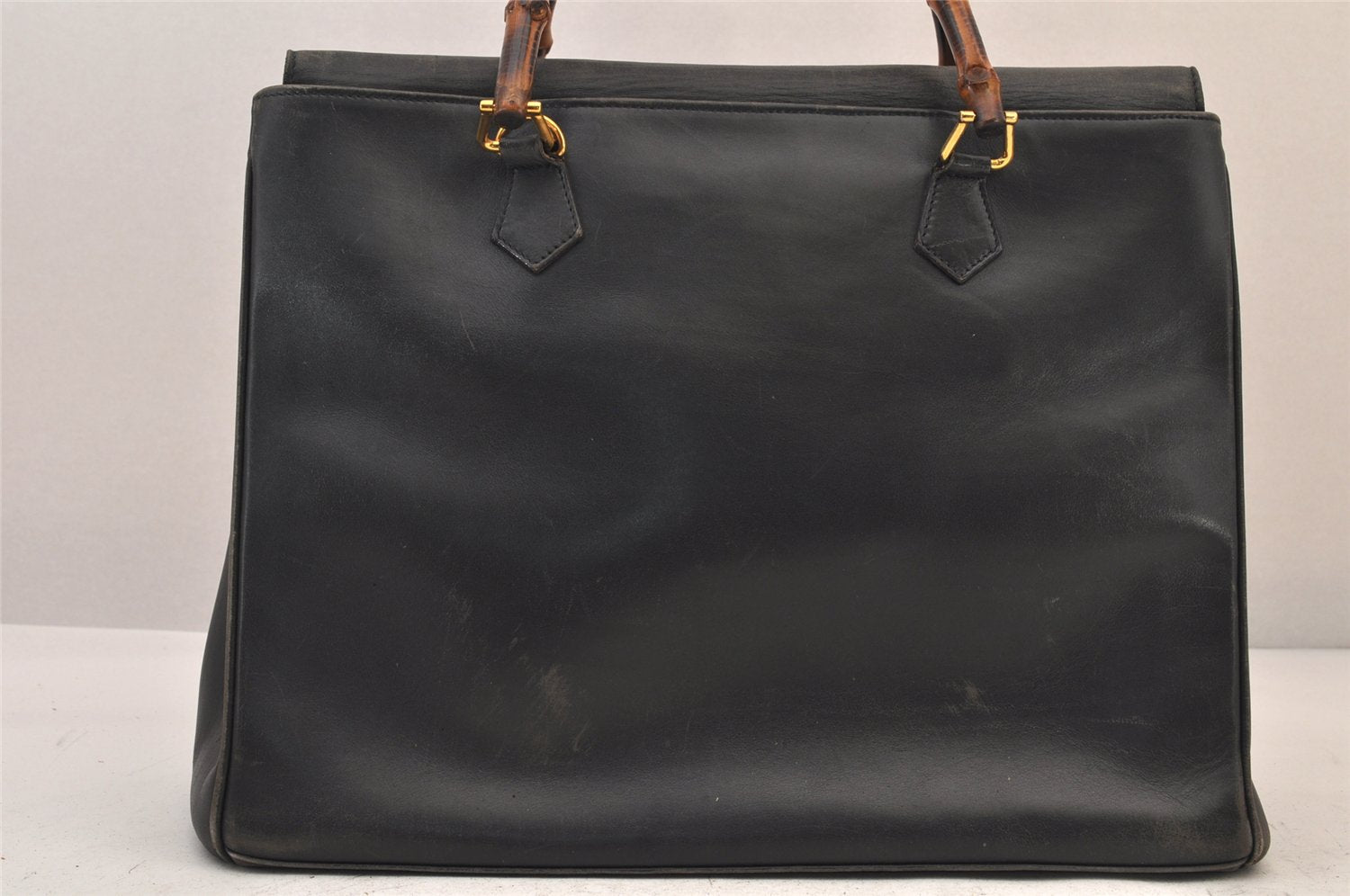 Authentic GUCCI Vintage Bamboo Shoulder Hand Bag Leather Navy Blue Junk 8068M