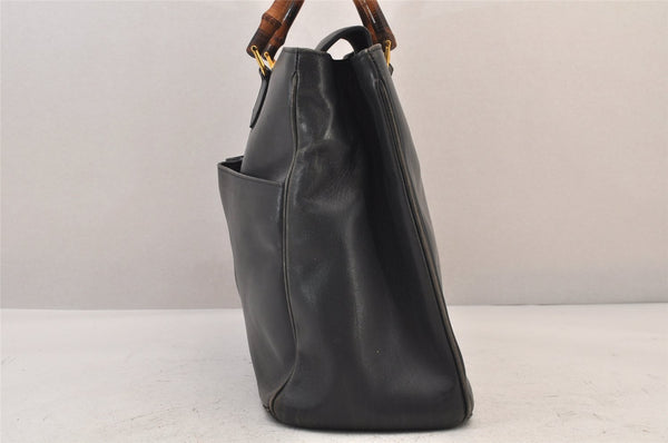 Authentic GUCCI Vintage Bamboo Shoulder Hand Bag Leather Navy Blue Junk 8068M