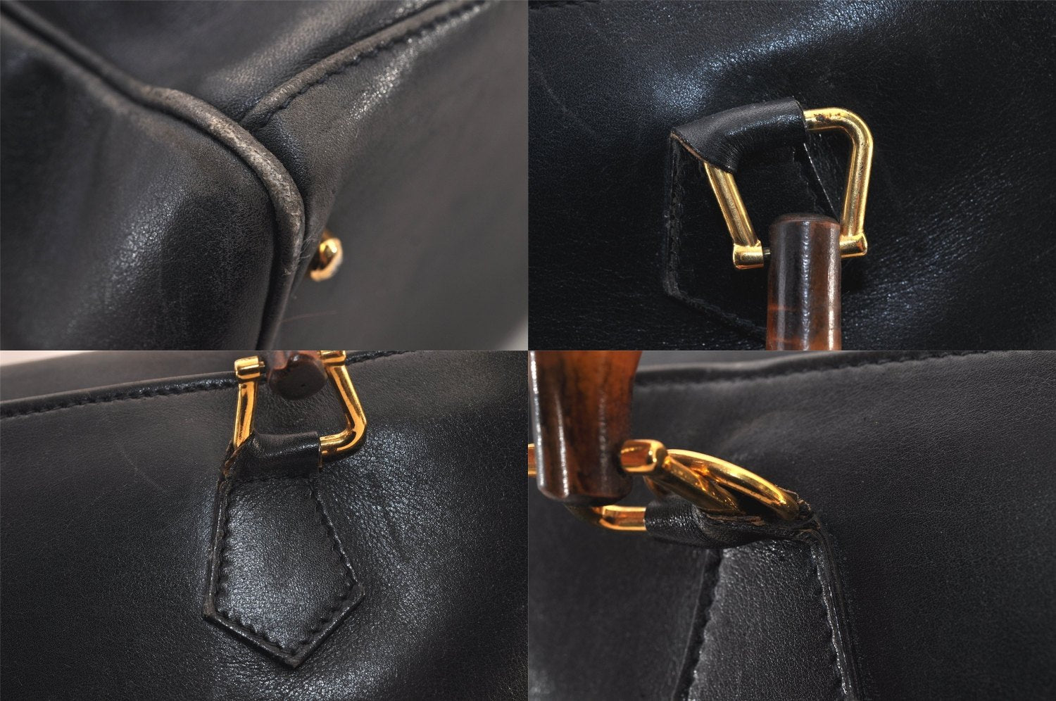 Authentic GUCCI Vintage Bamboo Shoulder Hand Bag Leather Navy Blue Junk 8068M