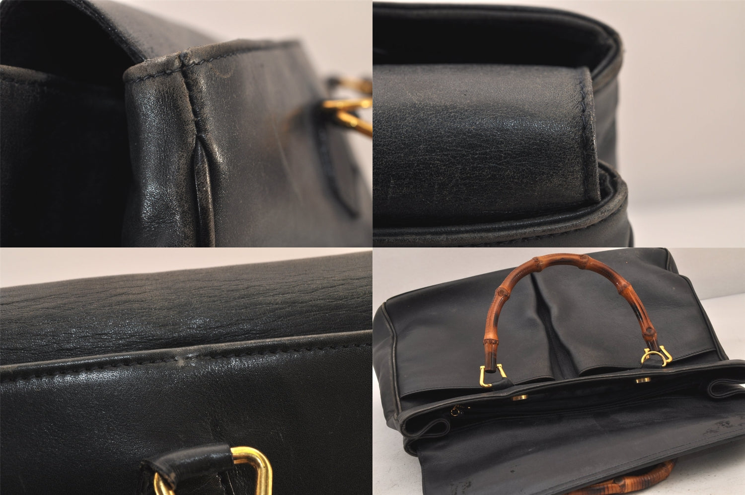 Authentic GUCCI Vintage Bamboo Shoulder Hand Bag Leather Navy Blue Junk 8068M