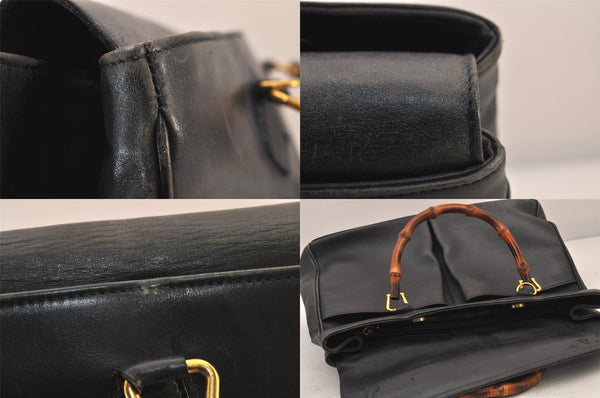 Authentic GUCCI Vintage Bamboo Shoulder Hand Bag Leather Navy Blue Junk 8068M