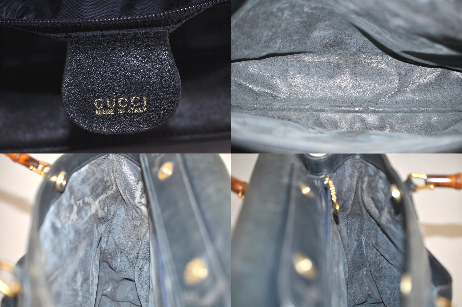 Authentic GUCCI Vintage Bamboo Shoulder Hand Bag Leather Navy Blue Junk 8068M