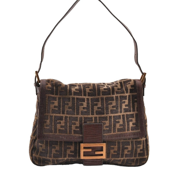 Authentic FENDI Zucca Mamma Baguette Shoulder Bag Velour Leather Brown 8073I